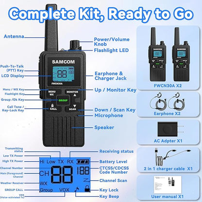 SAMCOM Walkie Talkies for Adults Long Range Rechargeable 2 Pack FWCN30A 2 Way