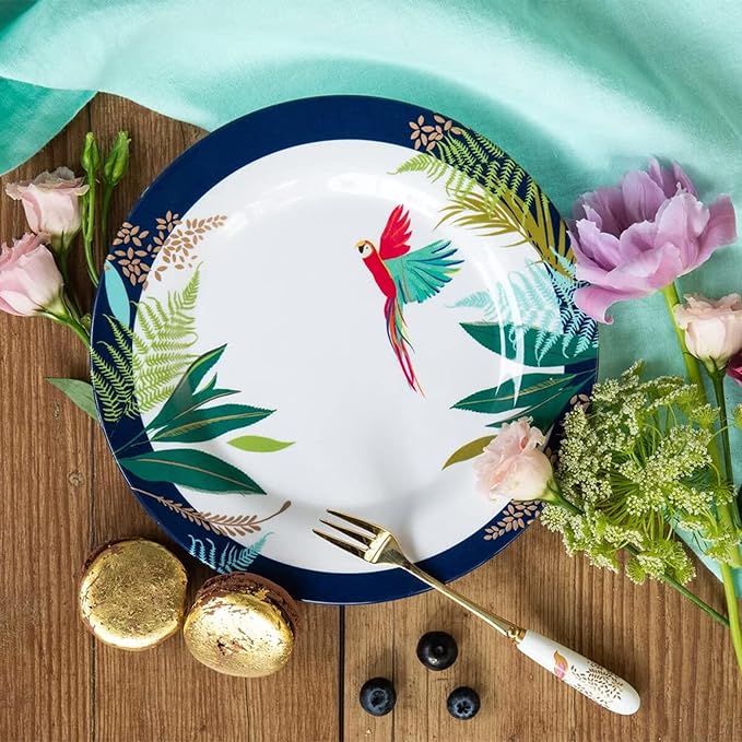 Portmeirion Sara Miller Parrot Melamine Side Plates, Set of 4 - Colorful Tropical Design & Gold Detailing - 8" BPA-Free Shatterproof Salad Tableware for Indoor & Outdoor Dining - Giftable Summer Plate