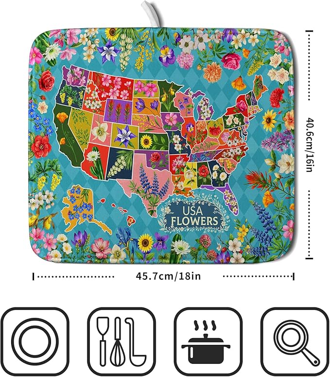 Flower Map Dish Drying Mat American Floral Decoration Coffee Mat