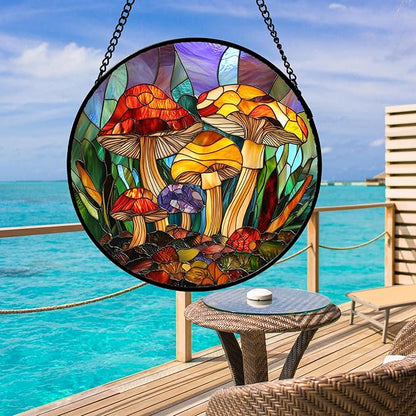 DASTOLL Stained Glass Window Hanging, Jungle Mushrooms Sun Catchers Diamond