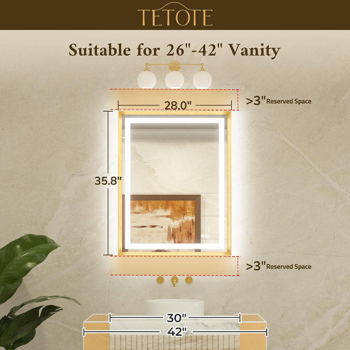 28 x 36 Bathroom LED Mirror Brushed Nickel Metal Frame Frontlit & Backlit Vanity Mirror Anti-Fog Stepless Dimmable 3 Colors White/Warm/Natural Mirror with Lights Wall-Mounted