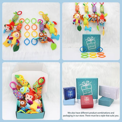 Bloobloomax Baby Soft Hanging Rattle, Car Seat Stroller Toys with Plush Animal C-Clip Ring for Infant Babies Boys and Girls 3 6 9 to 12 Months (12PCS-A)