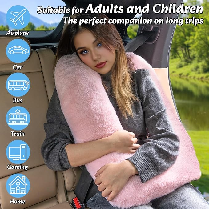 Swemos Travel Pillow, Car Pillow for Kids & Adults - Ergonomic Travel Pillows Sleeping Aid for Neck & Body Support, Car Travel Essentials Pillow on Road Trips-Pink