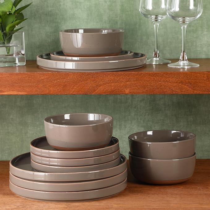 Gibson Elite Northrock Stoneware Dinnerware Set, 16-Piece Service for 4 Plates and Bowls Set – Gray Dishes with Hand-Painted Terracotta Base