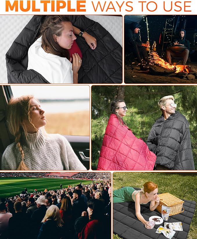 KingCamp Ultralight Camping Blanket, Packable Down Alternative Puffy Wearable Blankets Weatherproof Warm Package Quilt with Snap Buttons for Outdoor Hiking Travel Picnic Stadium (79" x 57", BLACK)