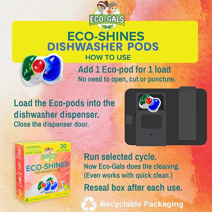 Eco-Gals Dish Cleaning Ultra Pack With Eco-Scrubz Dishwasher Cleaner Plus Eco-Shines Dish Detergent with 3 in 1 Power of Liquid, Powder, and Gel for Brighter Cleaner Dishes