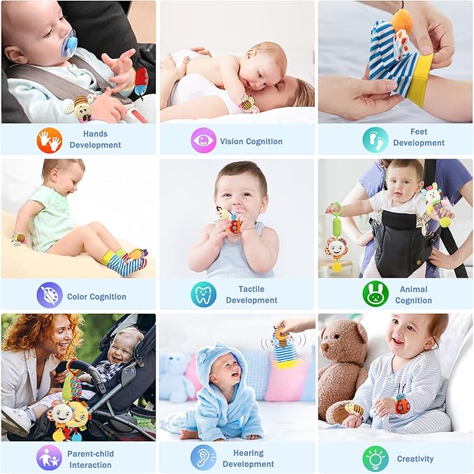 Bloobloomax Wrist and Foot Rattles - Hanging and Hand Bracelet Rattles, Ankle Socks for Newborns and Infants (12pcs)