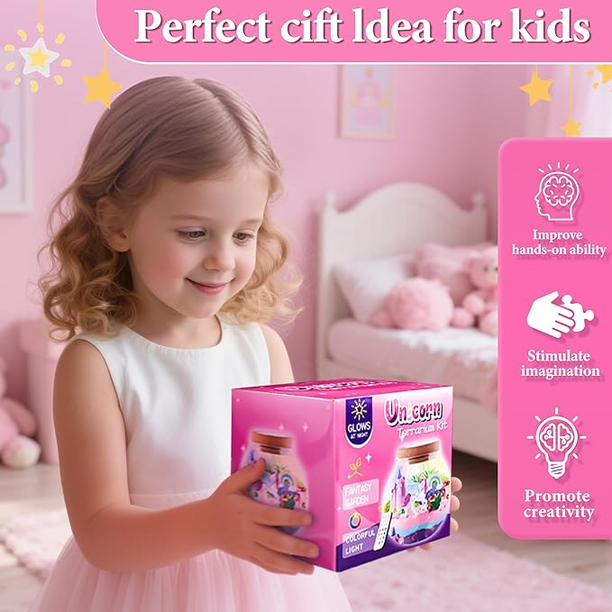 Unicorn Terrarium Kit for Girls - LED Light-Up DIY Arts and Crafts Night Light Gift for Kids Ages 4-12Night Light Birthday Gift DIY Arts and Crafts Kit for Kids