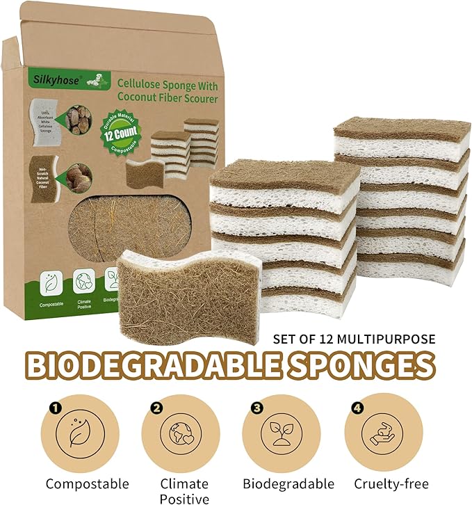 Natural Kitchen Sponges, Biodegradable & Compostable | Non-Scratch Cellulose