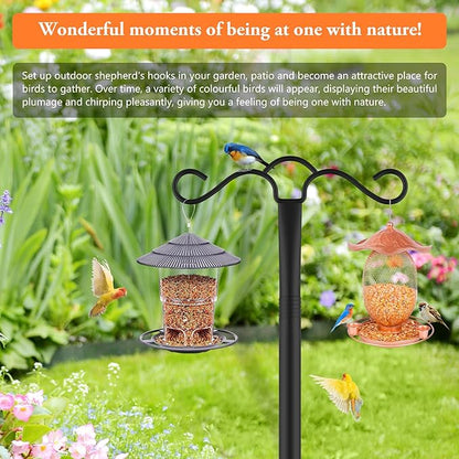 Double Shepherds Hook for Outdoor with 5 Prong Base 90 Inch Heavy Duty Two Sided Bird Feeder Pole for Hanging Lantern,Hummingbird Feeder,Lightweight Plant,Shepherds Hook for Bird Feeders