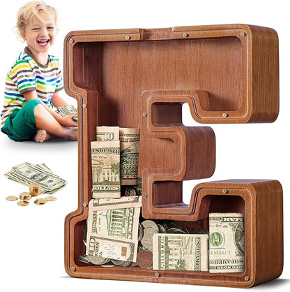 Summidate Large Wooden Piggy Bank for Kids Adults, Alphabets Letter A-Z Piggy Bank for Boys Girls, Coins Bills Change Bank Box Personalized Initial Name Kids Money Bank for Birthday Present and Decor