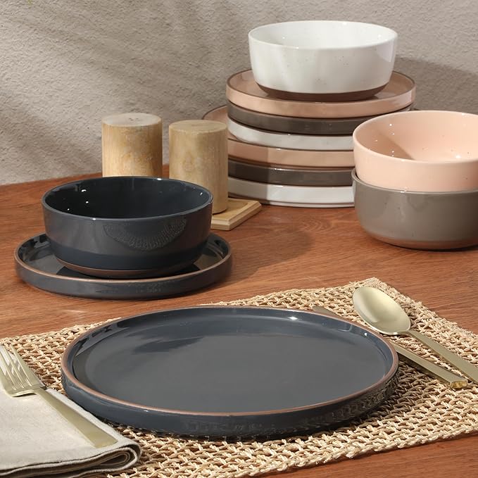 Gibson Elite Northrock Stoneware Dinnerware Set, 16-Piece Service for 4 Plates and Bowls Set – Assorted Colors Blue, White, Pink, Gray Dishes with Hand-Painted Terracotta Base