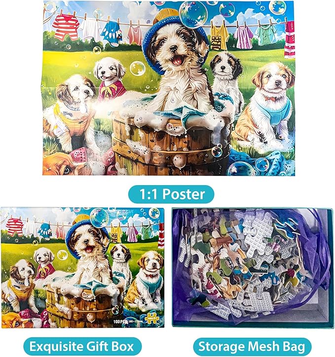 100 Piece Puzzles for Kids Ages 4-6 6-8 8-10 Year Old - Puppies and Bubbles, 100 Pieces Jigsaw Puzzles for Kids, Children Learning Educational Toys Gift for Boys and Girls