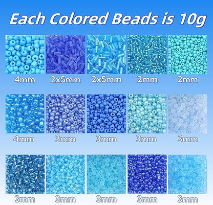 15 Color 4mm Small Assorted Glass Seed Beads,3mm Bugle Beads Friendship Bracelet Kit,2mm Tiny Tube Bead for Jewelry Making(Blue)