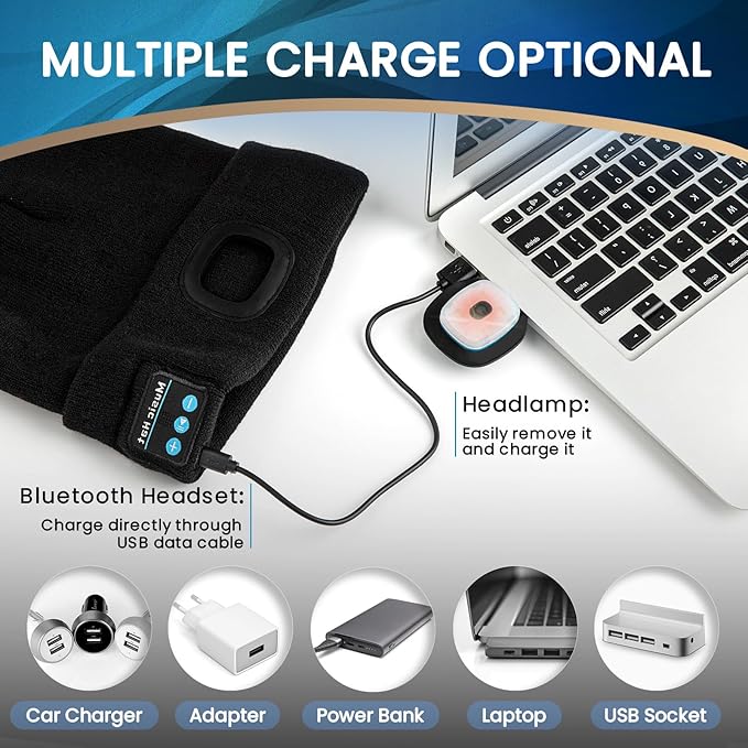 VIBELITE Bluetooth Beanie Hat with Light, USB Rechargeable LED Headlamp with Wireless Headphones, Gifts for Men, Him, Husband, Boyfriend, Dad Gifts for Dad, Husband, Father, Black
