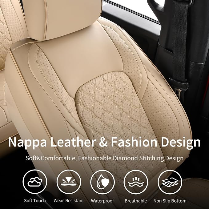 Huidasource F150 F250 F350 Front&Rear Leather Seat Covers Fit for 2015-2025 Ford F150 SuperCrew & 2017-2025 F250 F350 F450 Super Duty Crew Cab XL XLT Lariat King Ranch Platinum(Full Set/Beige)