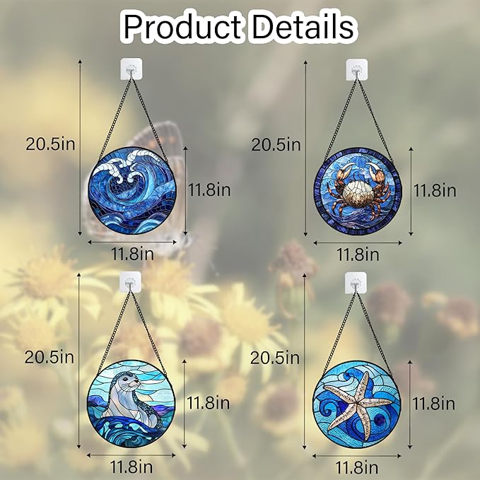 DASTOLL Stained Glass Window Hanging 4 Pcs Set Blue Ocean Waves Large 11.8"