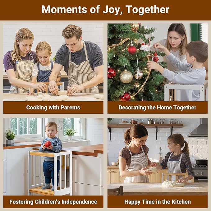 COSYLAND Kitchen Tower for Toddlers with Anti-Tip Support – Lightweight Toddler Kitchen Stool Helper for Bathroom Living Room Dining Room – Solid Bamboo Standing Tower (Natural & White)