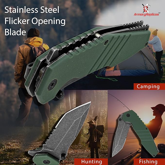 Armory Replicas??Spring Assisted Tanto Folding Knife ??3CR13 Steel Blade with Partial Serration, G10 Handle, Stonewash Finish, Liner Lock & Pocket Clip