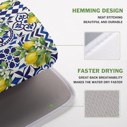 Lemon and Blue Tile Dish Drying Mat 16x18 Inch Absorbent Reversible Mexican
