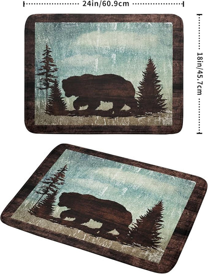 Giwawa Retro Brown Bear Forest Cabin Dish Drying Mat Countertop 18x24 Fall Blue