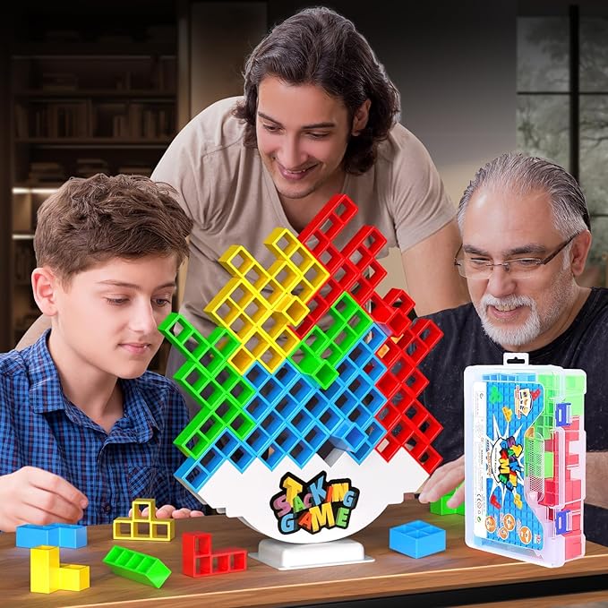 48PCS Stack Game for Adult & Kids, Tetra Board Tower Games for Family Travel Party, 2 Players Balance Stacking Toy, Team Toys Building Block