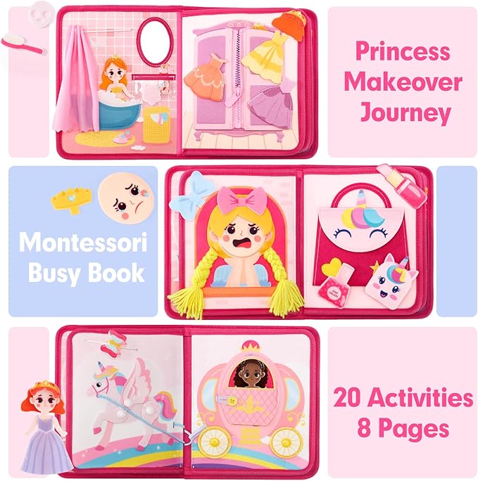 hahaland Toys Ages 3-5 Girls - Busy Board Princess Toy 3 Year Old Girls - Toddlers Quiet Busy Book for Toddlers 3-5 Pretend Play - Montessori Toys 3-4 Year Old Girl Birthday Gifts