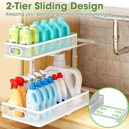 Under Sink Organizer 4-Pack, Metal 2-Tier Pull-Out Cabinet Shelf