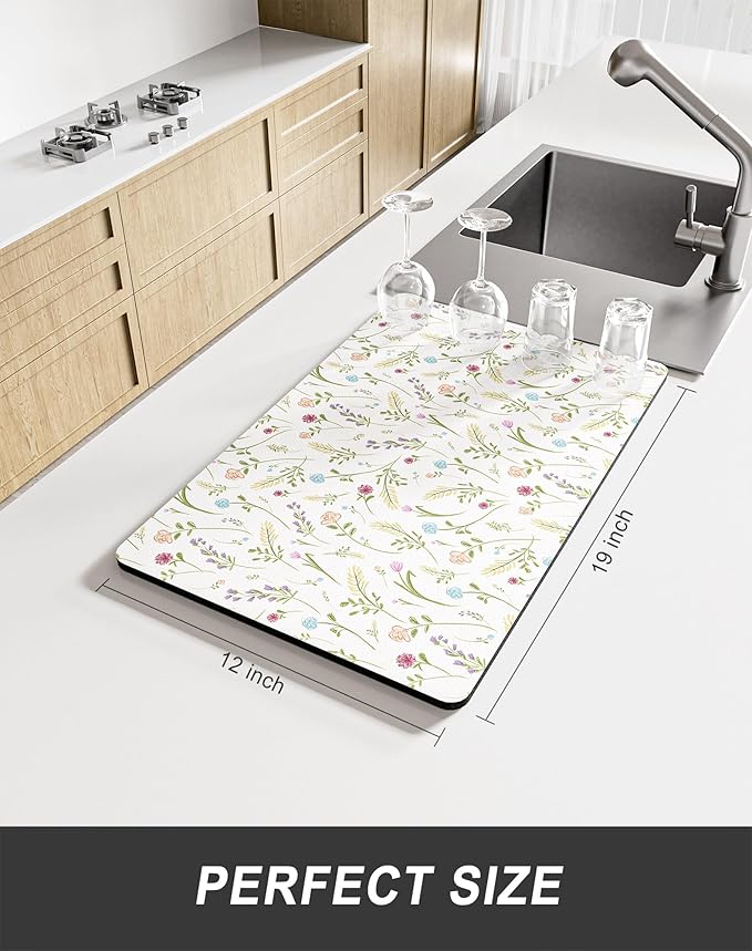 Rnivvi Dish Drying Mat for Kitchen Counter, 12 x 19" Cute Flower Theme Super