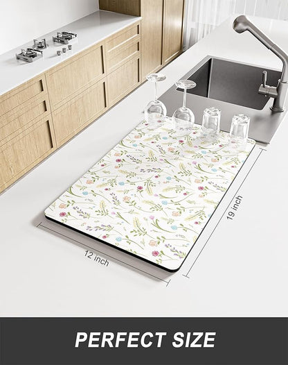 Rnivvi Dish Drying Mat for Kitchen Counter, 12 x 19" Cute Flower Theme Super