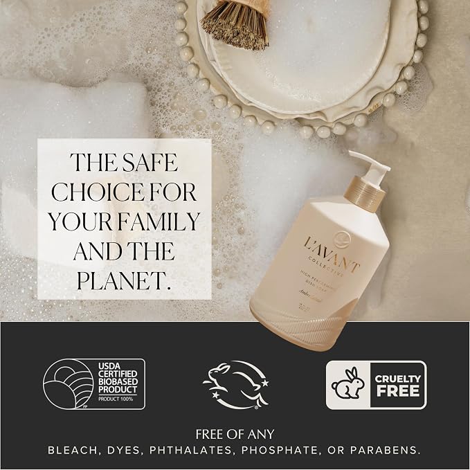 L'AVANT Collective The Ultimate Dish Wash Duo, Natural Luxury Dish Soap 16 Fl Oz with Refillable Glass Pump Bottle & 2 Loofah Dish Sponges for Pots, Pans, Dishes and Kitchen Cleaning, Ambre Santal
