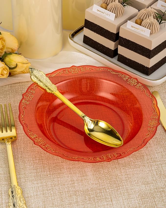 100 Pack Clear Red Plastic Bowls with Gold Rim, 12oz Plastic Salad Bowl, Disposable Bowls for Party, Dinners, Weddings, Christmas, Thanksgiving