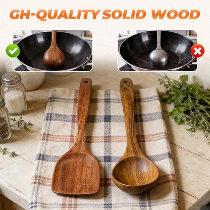 2Pcs Wooden Ladle and Spatula, Natural Acacia Long Handle, Large Capacity
