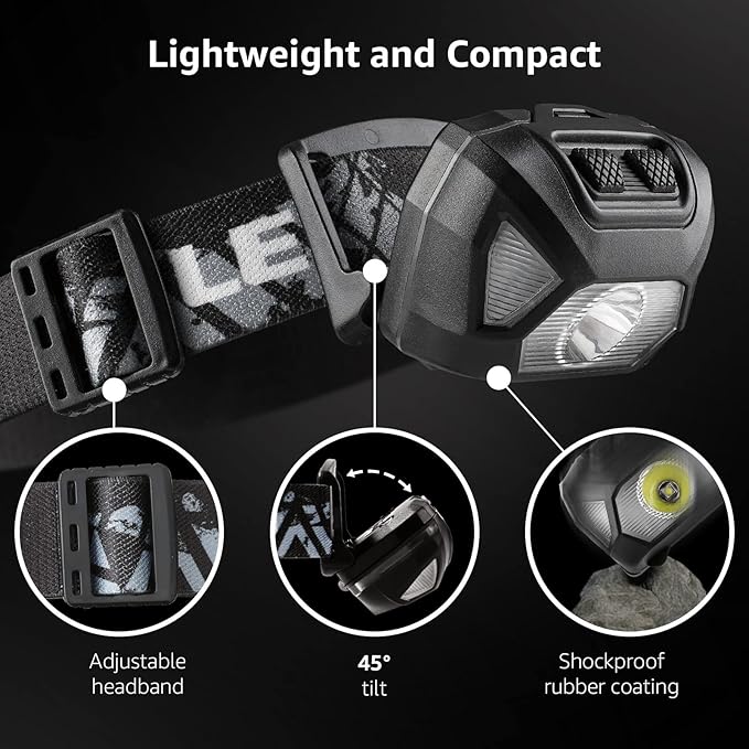 Lepro 320015 Battery Powered Headlamp - 1300Lux Super Bright LED Head Lamp with Red Light, IPX4 Waterproof Headlights for Outdoor Camping, Hiking, Hunting, Power Outages, Emergency, Hurricane