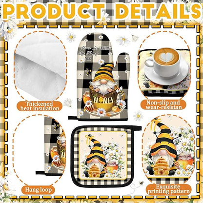 Fourluoo 10 Pcs Bee Kitchen Decor Set 4 Kitchen Towels 2 Pot Holders 2 Oven