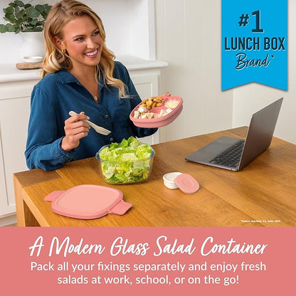 Bentgo Glass All-in-One Salad Container - Large 61-oz Salad Bowl with Lid, 4-Compartment Bento-Style Tray, 3-oz Sauce Container, and Reusable Fork - Dishwasher, Microwave, and Oven Safe (Coral)