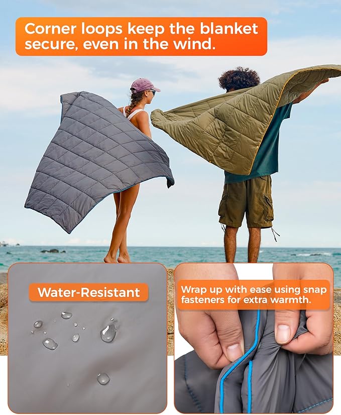 KingCamp Ultralight Camping Blanket, Packable Down Alternative Puffy Wearable Blankets Weatherproof Warm Package Quilt with Snap Buttons for Outdoor Hiking Travel Picnic Stadium (69" x 53", Charcoal)