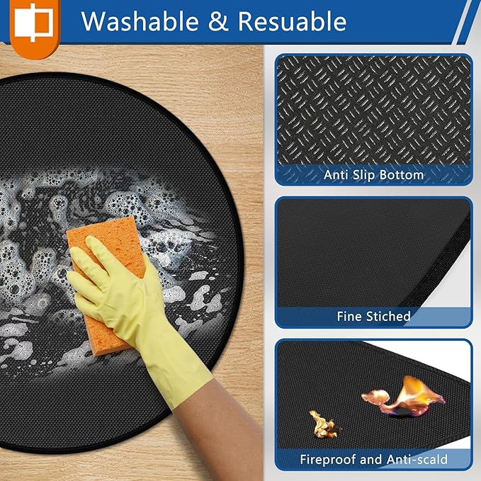 Round Under Grill Mat for Outdoor Grill, 39 Inch Anti-Slip BBQ Floor Mats, Easy to Clean Reusable Fireproof Grill Pad, Oil-Proof Waterproof Protector for Deck Fireplace Pit Mat Black