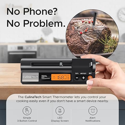 CulinaMeter One: 750FT Wireless Meat Thermometer with LCD Screen, Digital Cooking Food Thermometer for Beef Lamb Turkey, Dual Sensor Measures Internal & Ambient Temp
