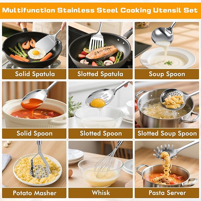 9 Pcs Cooking Utensils Set, Stainless Steel Kitchen Utensils, Heat Resistant