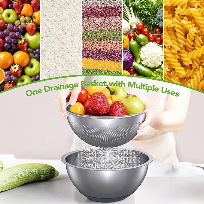 304 Stainless Steel Colander and Strainer, 5QT Large Capacity and 6QT Mixing