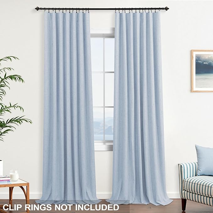 KOUFALL Light Blue Back Tab Linen Blackout Curtains 52x90 Inches Long