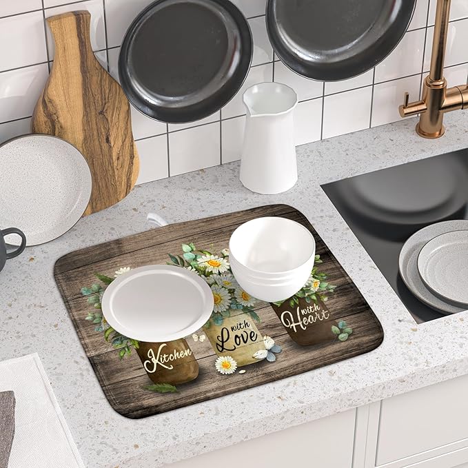 Flower Vase Dish Drying Mats 16x18 Inch Rustic Wood Reversible Microfiber