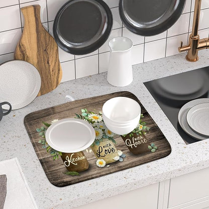 Flower Vase Dish Drying Mats 16x18 Inch Rustic Wood Reversible Microfiber