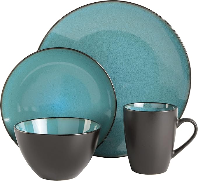 Gibson Elite Soho Lounge 16-Piece Round Reactive Glaze Stoneware Dinnerware Set, Service for 4 – Teal Plates and Bowls