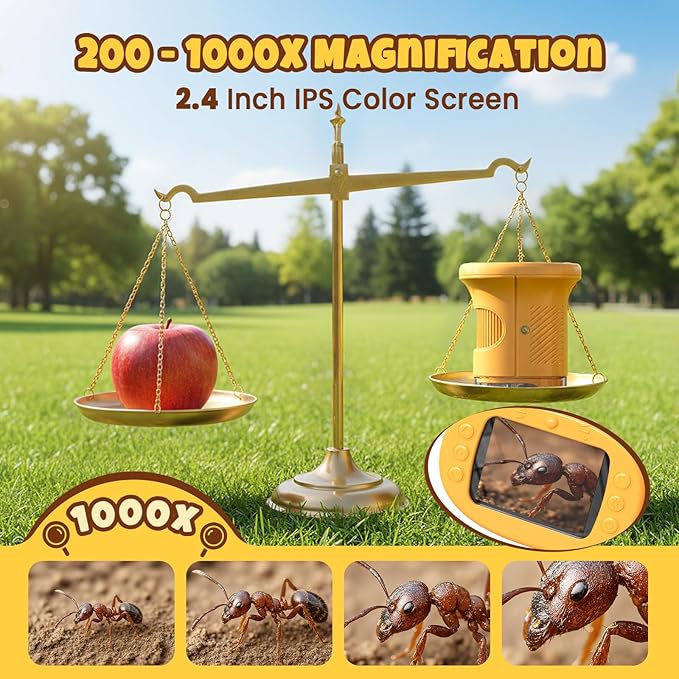 Handheld Digital Mini Microscope for Kids: 1000X 4K Pocket Portable 2.4" Screen Microscopes Toys STEM Electronic Learning Educational Science Kit Toddler 8-12 Birthday Gift 3 4 5 6 7 Year Old Boy Girl