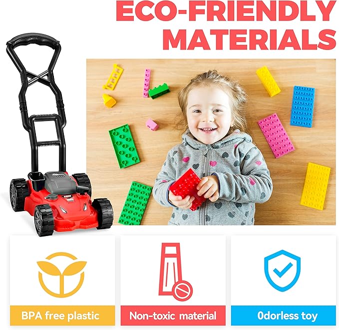 Kids Lawn Mower - Toy Choi's Pretend Play Series Toddler Lawn Mower, Indoor Outdoor Push Gardening Summer Toy Tool Set for Boys & Girls 3,4,5,6,7,8