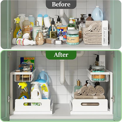 REALINN Under Sink Organizer, Pull Out Cabinet Organizer 2 Tier Slide Out Sink