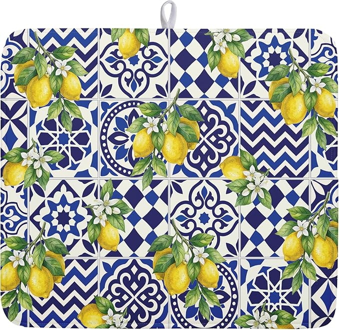 Lemon and Blue Tile Dish Drying Mat 16x18 Inch Absorbent Reversible Mexican
