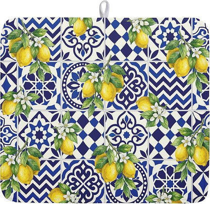 Lemon and Blue Tile Dish Drying Mat 16x18 Inch Absorbent Reversible Mexican